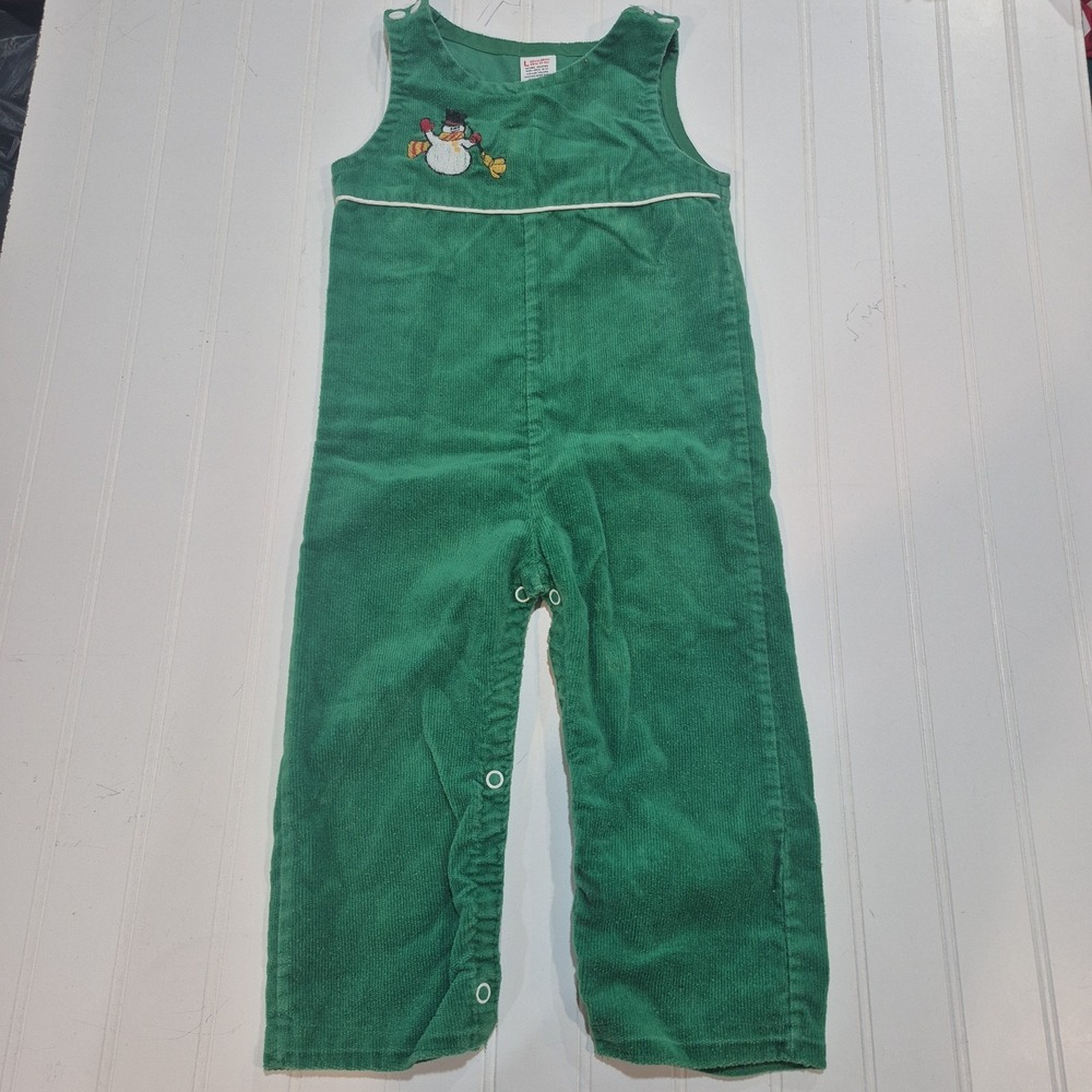 Vintage Sears Green Corduroy Toddler Overalls Snowman Embroidered L 32.5-38in